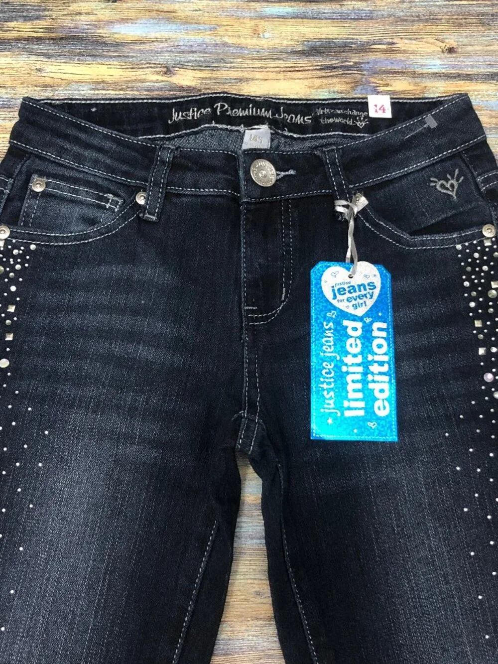 Justice Premium Jeans Girls Size 14S Slim Faux Rhinestones Embellished